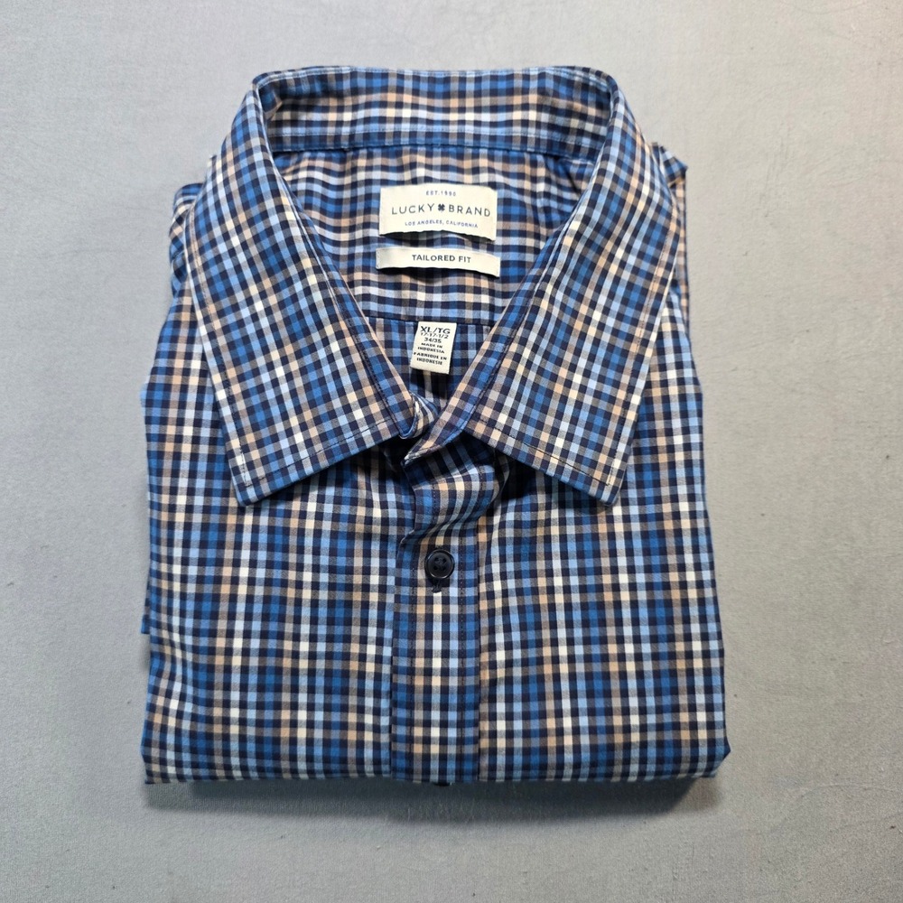 Lucky Brand Mens XL Tailored Fit Plaid Button Down‎ Shirt Blue Tan Long Sleeve